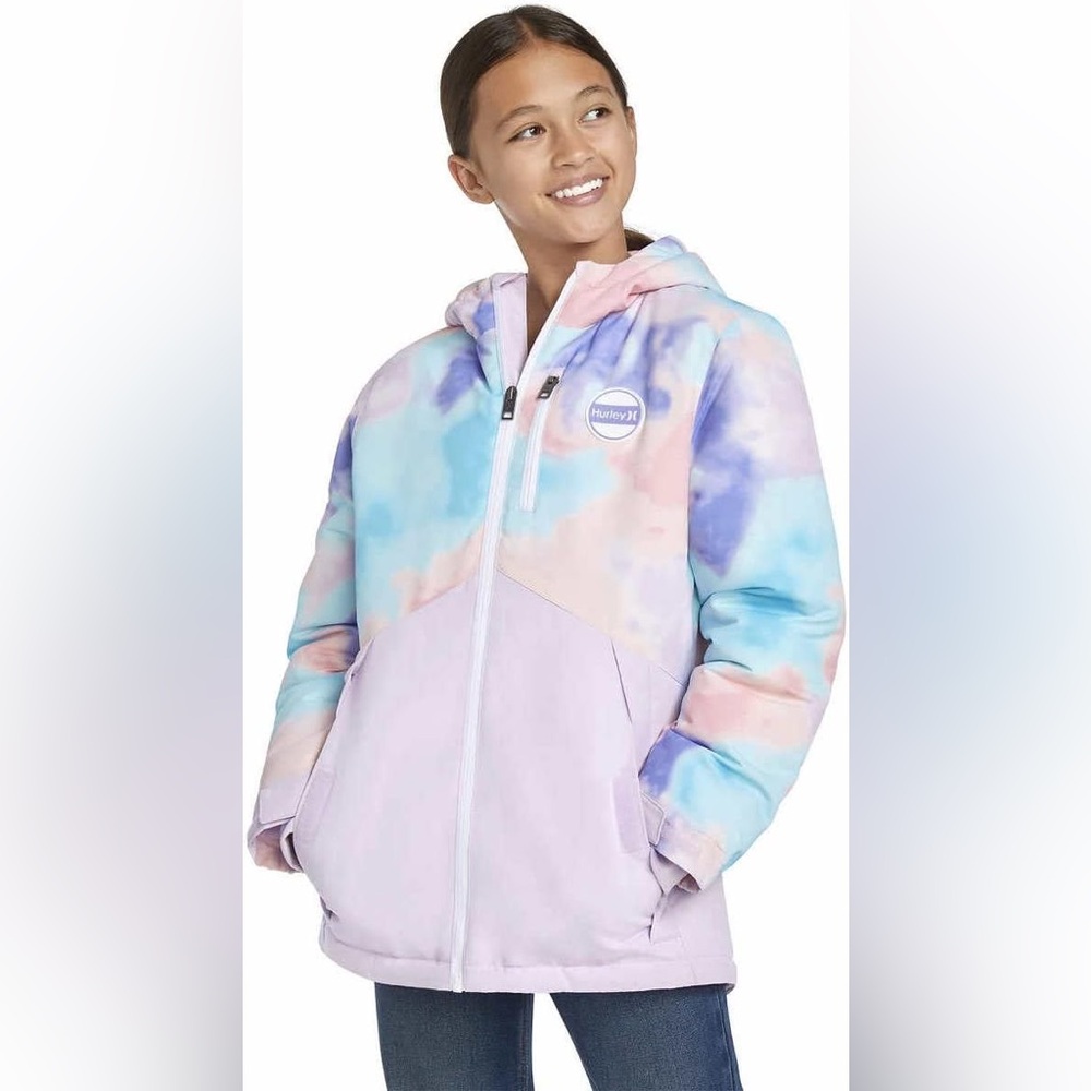 Hurley Girl’s Pastel Tie-Dye Hooded Snowboarding Jacket Winter Coat Size L 14/16